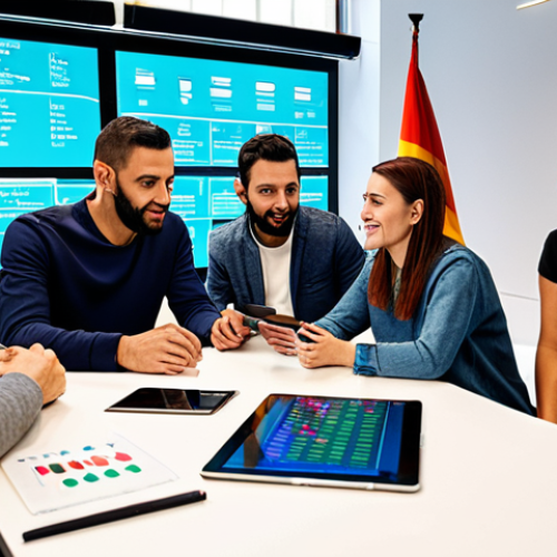Financial Inclusion in Spain**

"A group of diverse individuals in modern, modest clothing, gathered around a digital tablet displaying cryptocurrency charts. The scene takes place in a vibrant co-working space in Madrid. Background includes subtle Spanish flags and modern architecture. The overall tone is positive and empowering. Safe for work, appropriate content, fully clothed, professional, perfect anatomy, natural proportions, high quality, showcasing financial technology accessibility in Spain."

**