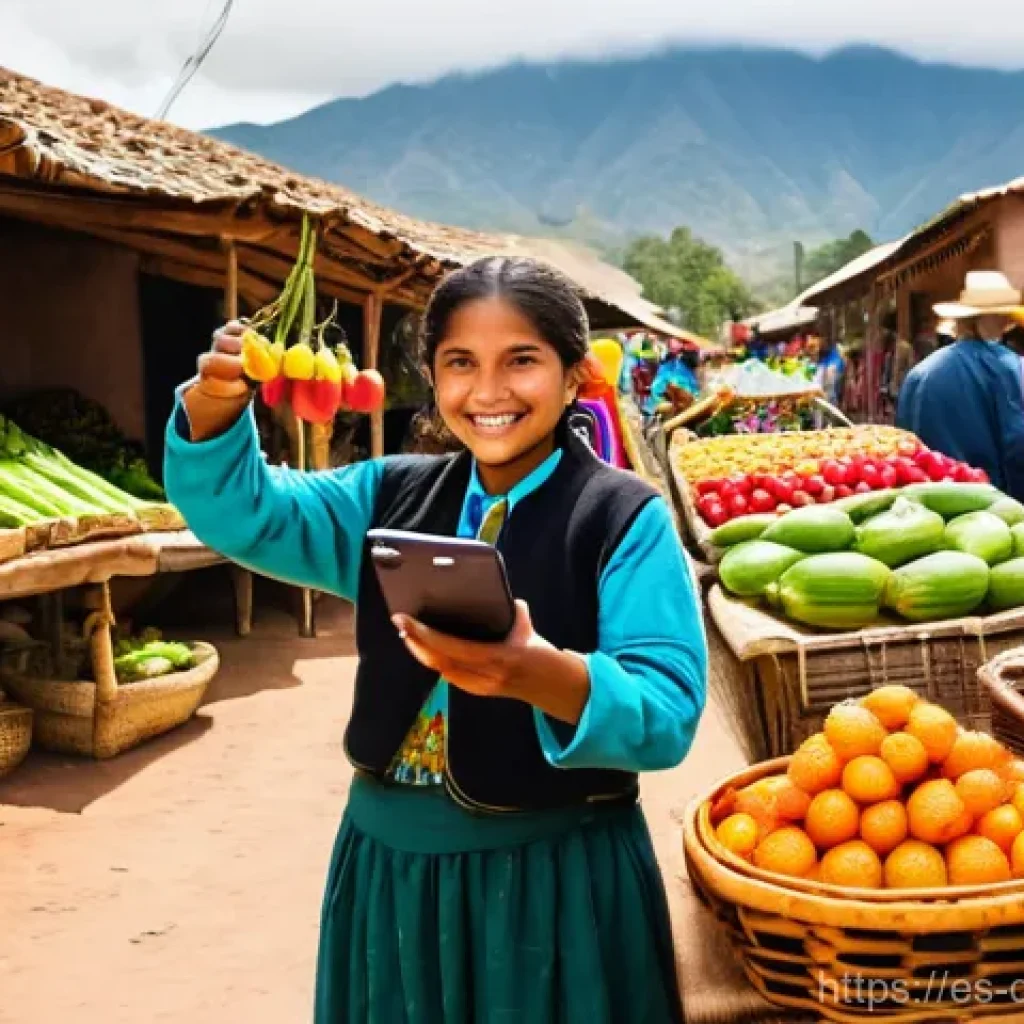 디지털 통화의 영향력 있는 사례 연구 - **Prompt:** A bustling, sun-drenched outdoor marketplace in a vibrant, remote Latin American village...