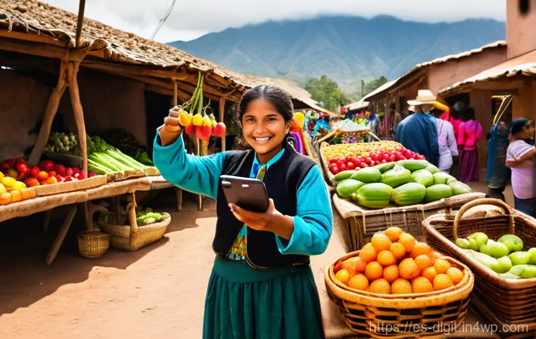 디지털 통화의 영향력 있는 사례 연구 - **Prompt:** A bustling, sun-drenched outdoor marketplace in a vibrant, remote Latin American village...
