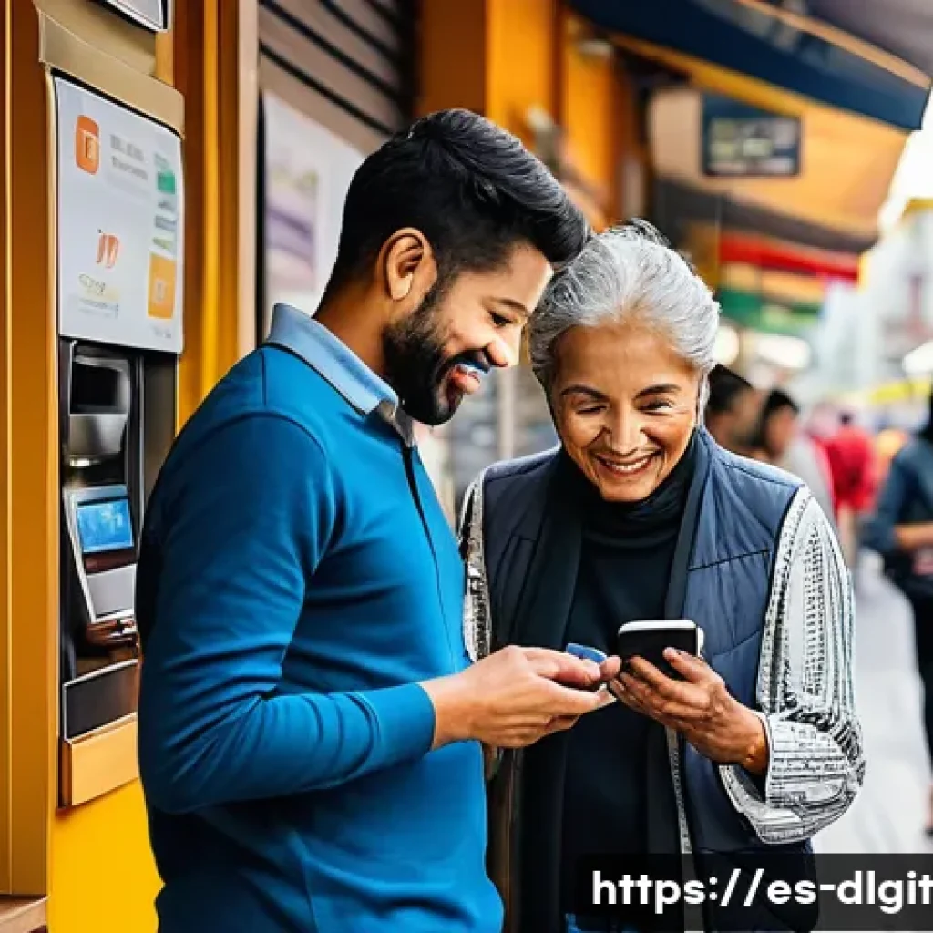 디지털 통화의 사용 편의성 평가 - A vibrant urban Latin American street scene showing diverse people using digital payment methods on ...