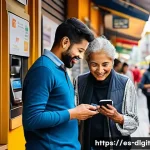 Home 22 디지털 통화의 사용 편의성 평가 - A vibrant urban Latin American street scene showing diverse people using digital payment methods on ...