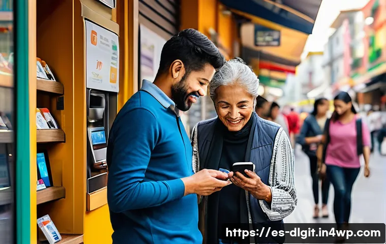 디지털 통화의 사용 편의성 평가 - A vibrant urban Latin American street scene showing diverse people using digital payment methods on ...