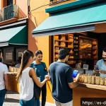 Home 21 디지털 통화의 전 세계적 영향력 - A modern Spanish urban setting with a diverse group of adults using smartphones and digital wallets ...