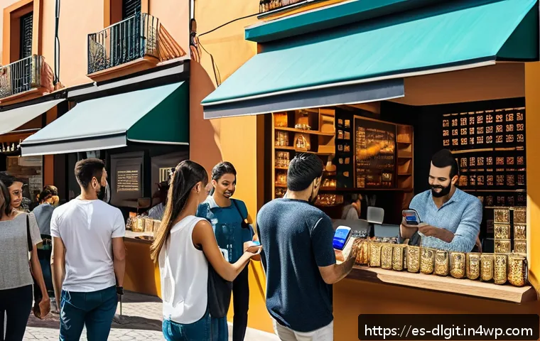 디지털 통화의 전 세계적 영향력 - A modern Spanish urban setting with a diverse group of adults using smartphones and digital wallets ...