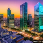 Home 20 디지털 통화의 법적 환경 변화 - A vibrant urban Latin American cityscape at dusk with digital holograms of cryptocurrency symbols fl...
