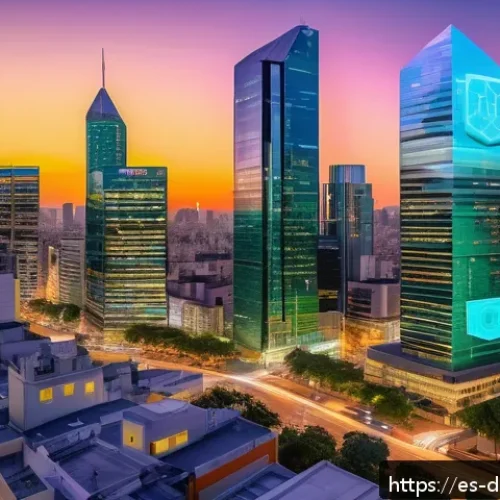 Home 32 디지털 통화의 법적 환경 변화 - A vibrant urban Latin American cityscape at dusk with digital holograms of cryptocurrency symbols fl...