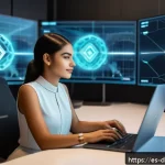 Home 19 디지털 통화의 시장 진입 장벽 - A detailed digital illustration of a young Hispanic professional woman studying blockchain technolog...