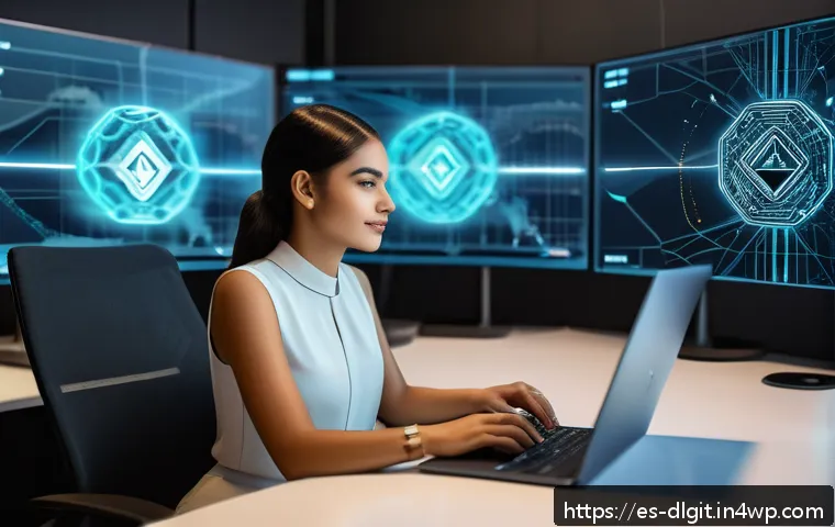 디지털 통화의 시장 진입 장벽 - A detailed digital illustration of a young Hispanic professional woman studying blockchain technolog...