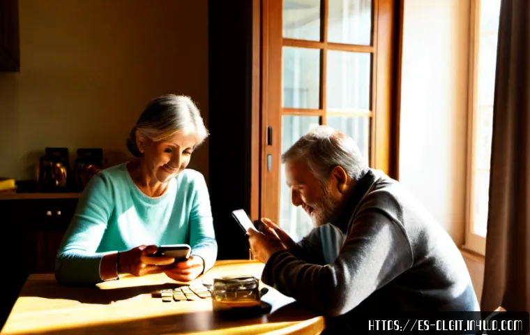 Home 17 디지털 통화 도입의 장단점 - Photorealistic modern Spanish family kitchen table, an older couple and adult daughter calmly review...