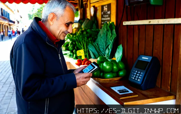 Home 30 디지털 통화의 사용 사례 분석 - Photorealistic scene of a Spanish market vendor accepting a digital currency payment from an older c...